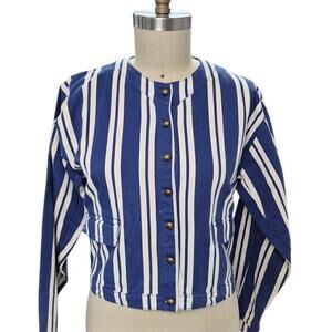 Vtg 80s 90s Retro Blue White Striped Denim Jacket  Sz M Brass Button Down